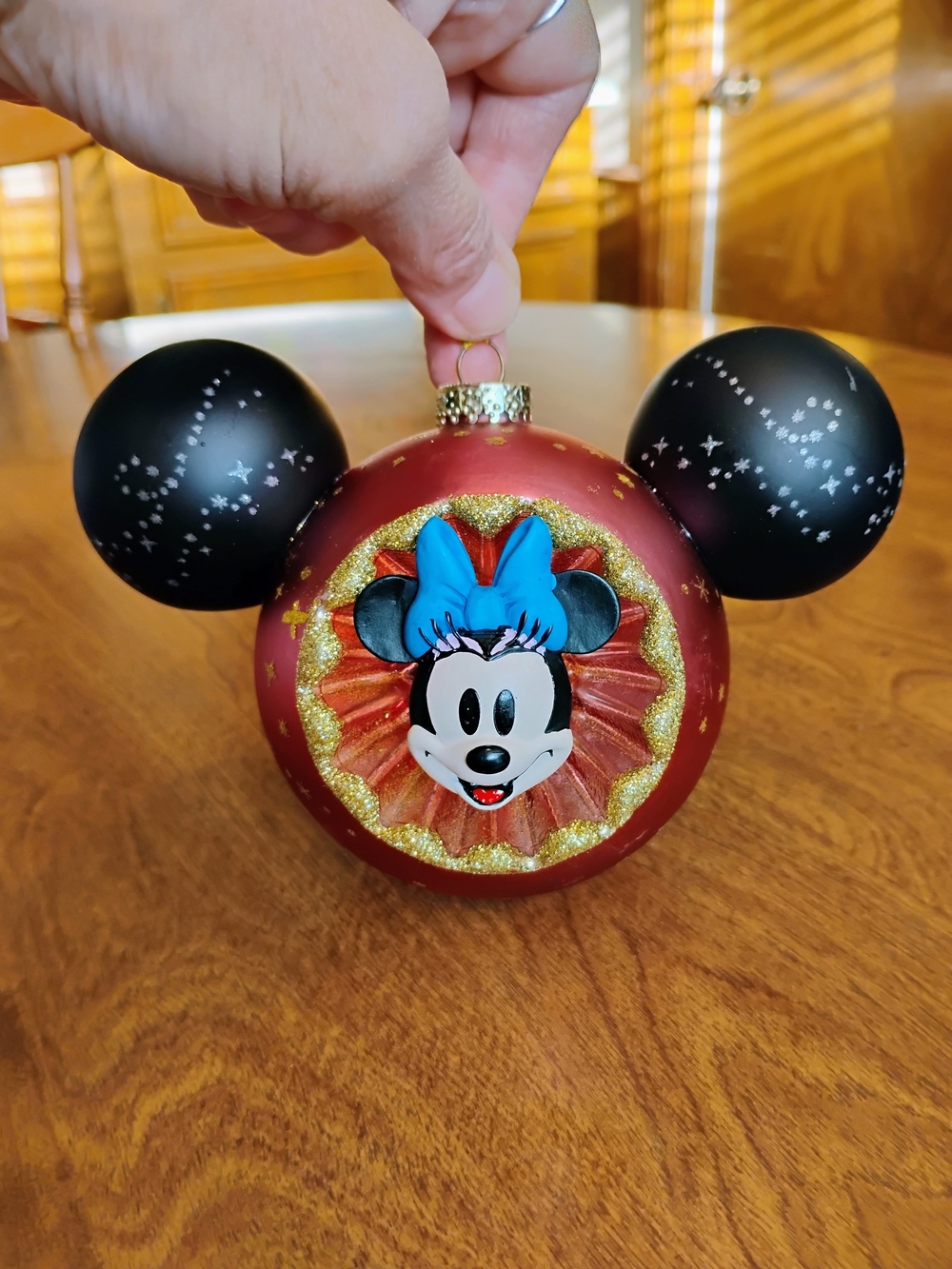 Disney Minnie Mouse Sunburst Icon Mickey Ears Mercury Glass Christmas Ornament